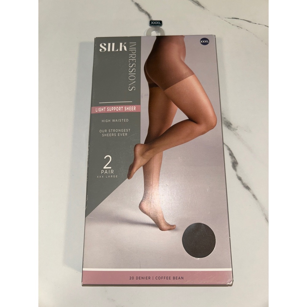 Silk Impressions 2Pr Light Support Sheer High Waisted Pantyhose Coffee Bean 3XL
